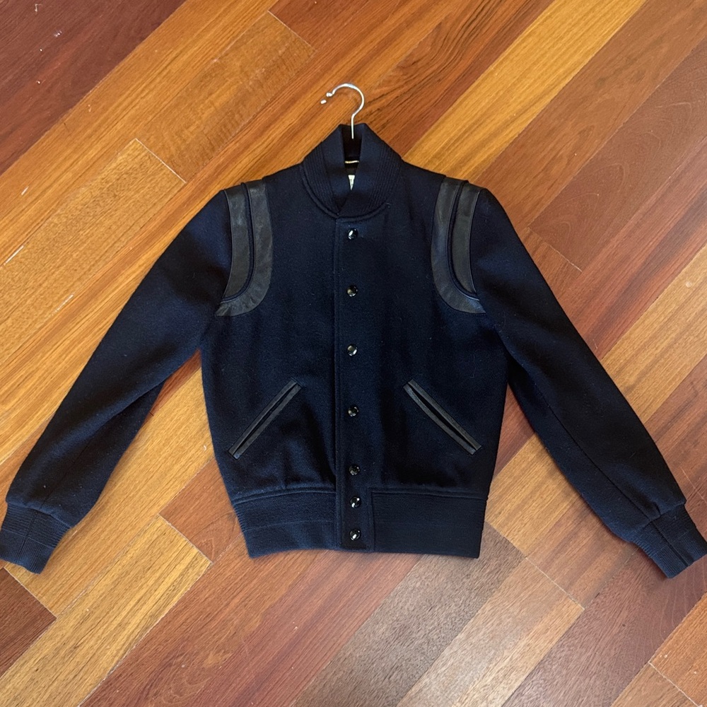 Saint Laurent Navy Bomber Jacket with Leather Accents